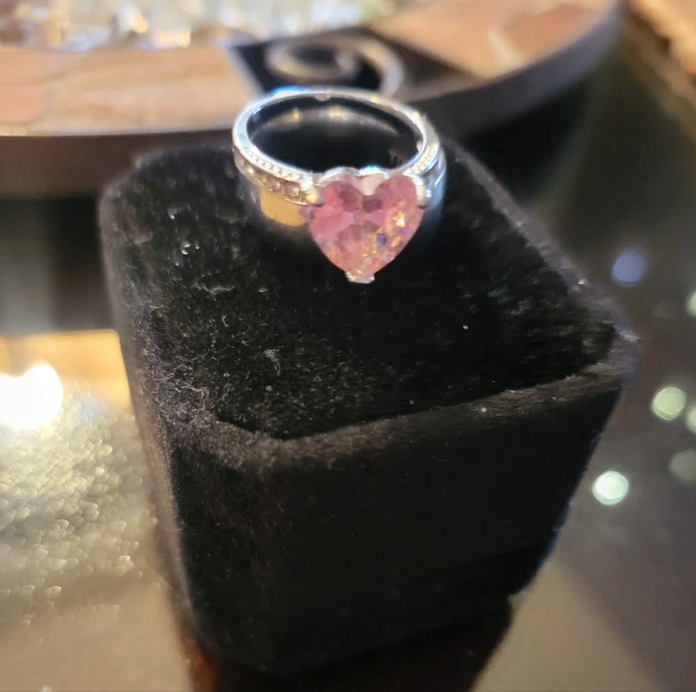 Pink Heart Silver Ring Paired W/Silver Band